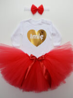 komplet spódniczka tiulowa tutu czerwona i body serce z imieniem tz021