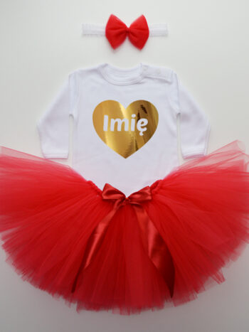 komplet spódniczka tiulowa tutu czerwona i body serce z imieniem tz021