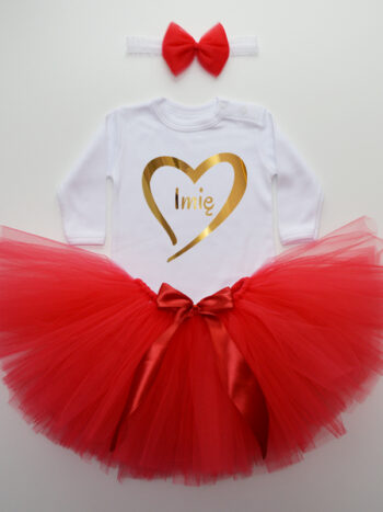 komplet spódniczka tiulowa tutu czerwona i body serce z imieniem tz027