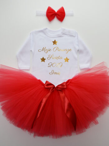 komplet spódniczka tiulowa tutu czerwona i body świąteczne z imieniem tz023