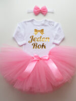 komplet spódniczka tiulowa tutu różowa i body jednen rok tz008