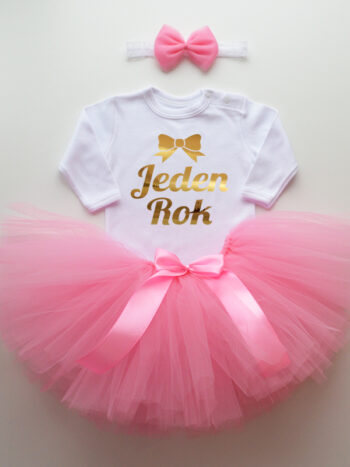 komplet spódniczka tiulowa tutu różowa i body jednen rok tz008