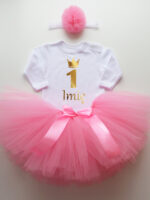 komplet spódniczka tiulowa tutu różowa i body jedynka z imieniem na roczek tz011