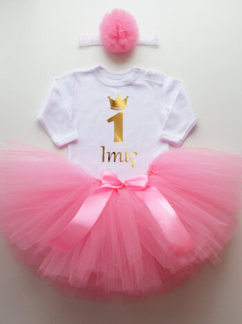 komplet spódniczka tiulowa tutu różowa i body jedynka z imieniem na roczek tz011