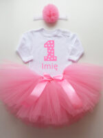 komplet spódniczka tiulowa tutu różowa i body jedynka z imieniem tz009