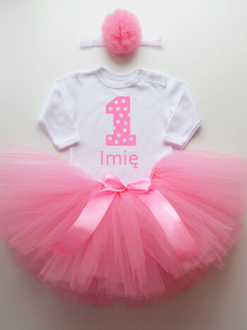 komplet spódniczka tiulowa tutu różowa i body jedynka z imieniem tz009