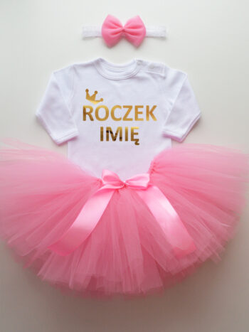 komplet spódniczka tiulowa tutu różowa i body na roczek z imieniem tz007