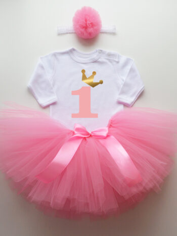 komplet spódniczka tiulowa tutu różowa i body z jedynką na roczek tz003