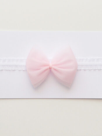 opaska dla dziewczynki na gumokoronce z kokardą tiulową w kolorze janym różowym ogtk002