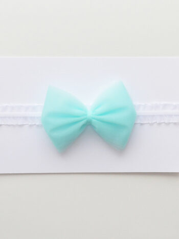 opaska dla dziewczynki na gumokoronce z kokardą tiulową w kolorze turkusowym ogtk001