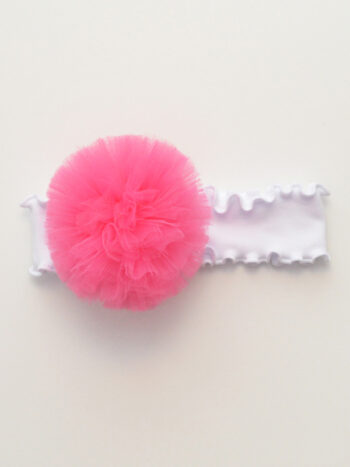 opaska dla dziewczynki z falbanką i pomponem tiulowym w kolorze ciemnym różowym oftp009