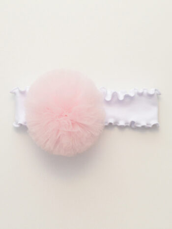opaska dla dziewczynki z falbanką i pomponem tiulowym w kolorze jasnego różu oftp005