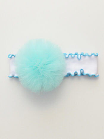 opaska dla dziewczynki z falbanką i pomponem tiulowym w kolorze turkusowym oftp004