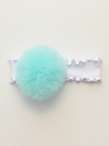 opaska dla dziewczynki z falbanką i pomponem tiulowym w kolorze turkusowym oftp010
