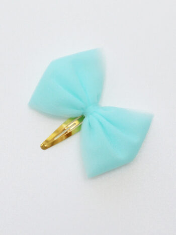 złota spinka do włosów z kokardką z tiulu w kolorze turkusowym osk002
