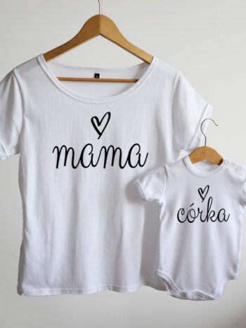 komplet w kolorze białym dla mamy i dziecka mama i córka z serduszkami 005