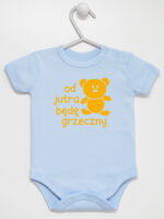 napis od jutra będę grzeczny z misiem body z krótkim rękawem kolor błękitny 265 napis od jutra będę grzeczny z misiem body z krótkim rękawem kolor błękitny 265