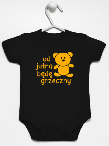 napis od jutra będę grzeczny z misiem body z krótkim rękawem kolor czarny 265