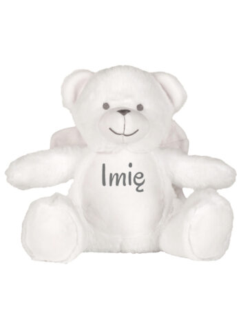 maskotka miś biały mały ze skrzydłami z imieniem dziecka m040 1