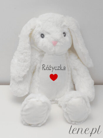 króliczek biały z imieniem różyczka i serduszkiem