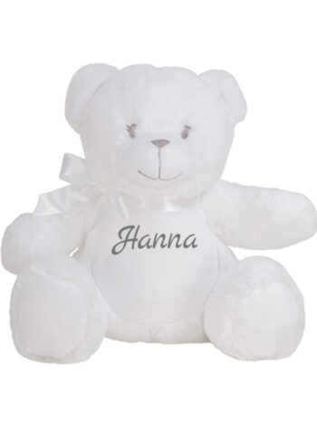 maskotki miś biały z imieniem Hanna